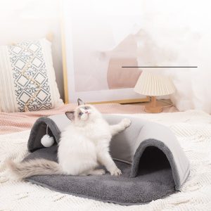 Cat Tunnel With Soft Plush Attached Mat And Hanging Ball - cat toy product photo