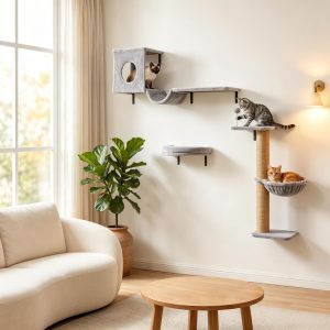 3‑In‑1 Cat Wall Shelves with Condo Bed Hammock Scratching Post and Spring - cat toy product photo