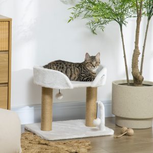 42cm Indoor Cat Tree,with Toy Balls,Jute Scratching Post-White - cat toy product photo